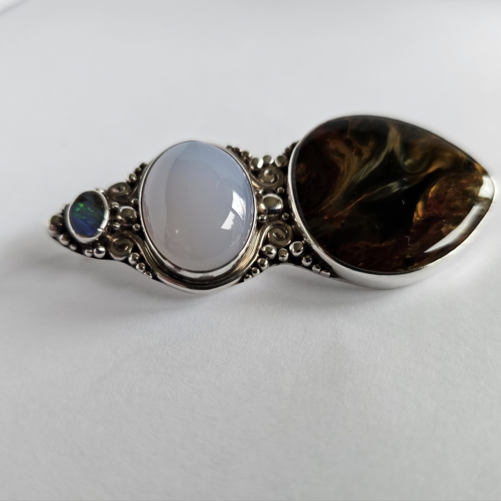 Vintage Sajen Sterling Silver -Pietersite -Chalcedony- Opal Statement Necklace - Picture 2 of 3